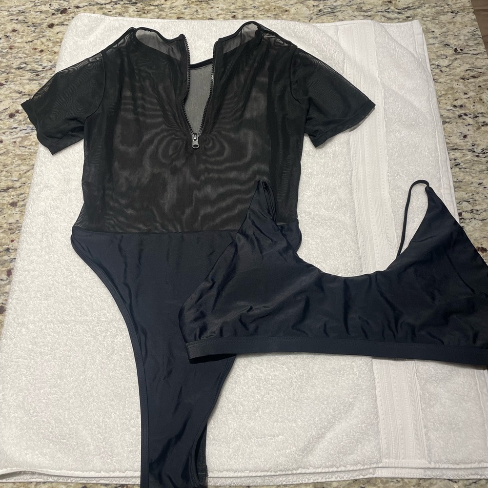 Brand New Black Mesh Swimsuit with Matching Swimsuit Top